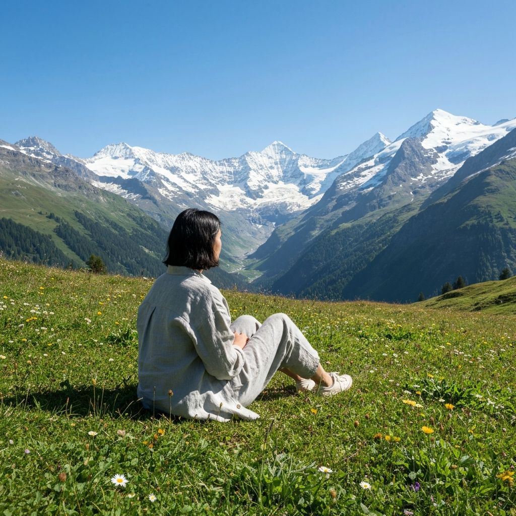 Person entspannt in Alpiner Wiese, lässig gekleidet in Schweizer Natur