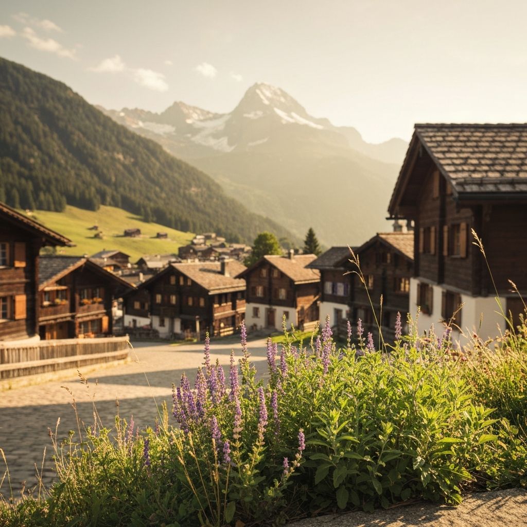 Traditionelles Schweizer Alpendorf mit Bergkräutern im Vordergrund